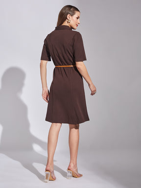 Latin Quarters Women Brown Shirt Collar Neck Half Sleeves Solid Dress