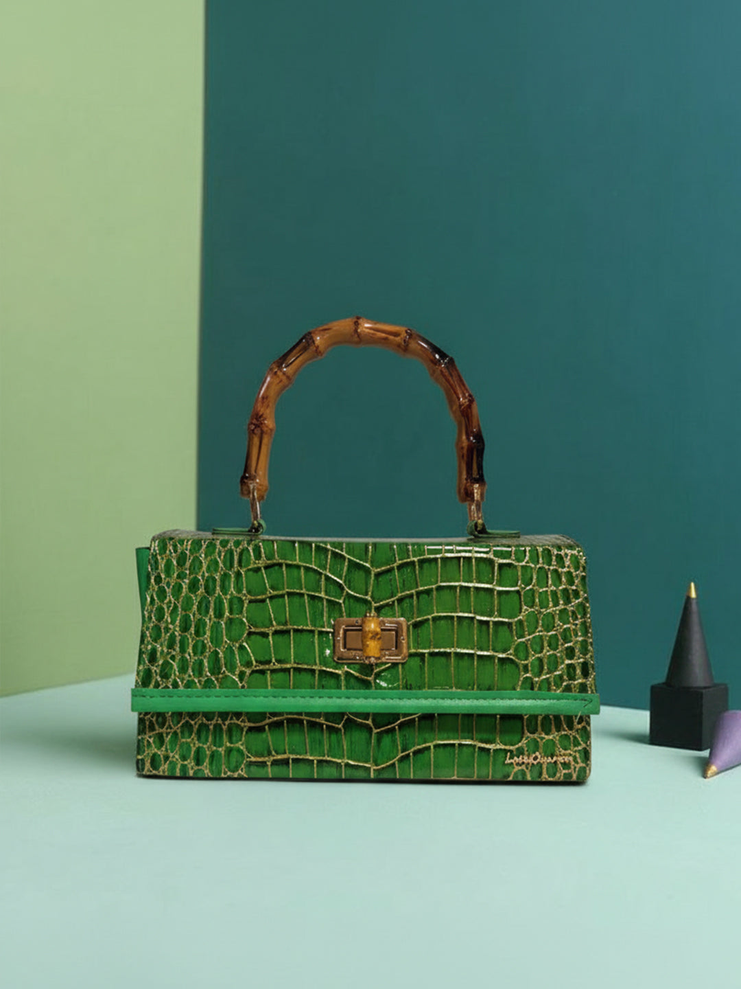 Latin Quarters Women's Emerald Green Croc-Embossed Satchel with Bamboo Handle