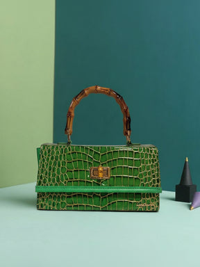 Latin Quarters Women's Emerald Green Croc-Embossed Satchel with Bamboo Handle