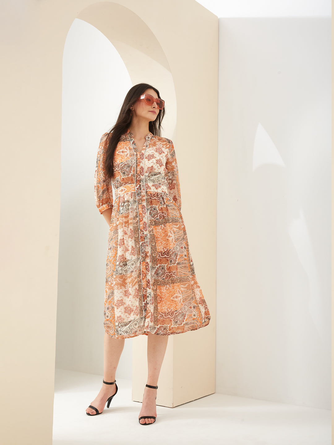 Latin Quarters Women Orange Mandarin 3/4Th Sleeves A-Line Printed Casual Dress