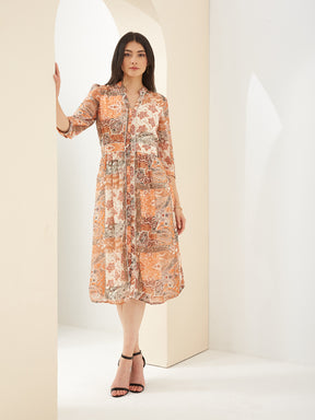Latin Quarters Women Orange Mandarin 3/4Th Sleeves A-Line Printed Casual Dress