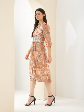 Latin Quarters Women Orange Mandarin 3/4Th Sleeves A-Line Printed Casual Dress
