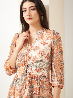 Latin Quarters Women Orange Mandarin 3/4Th Sleeves A-Line Printed Casual Dress