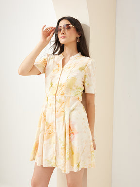 Latin Quarters Women Yellow Mandarin Short Sleeves A-Line Printed Casual Mini Dress