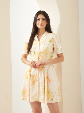 Latin Quarters Women Yellow Mandarin Short Sleeves A-Line Printed Casual Mini Dress