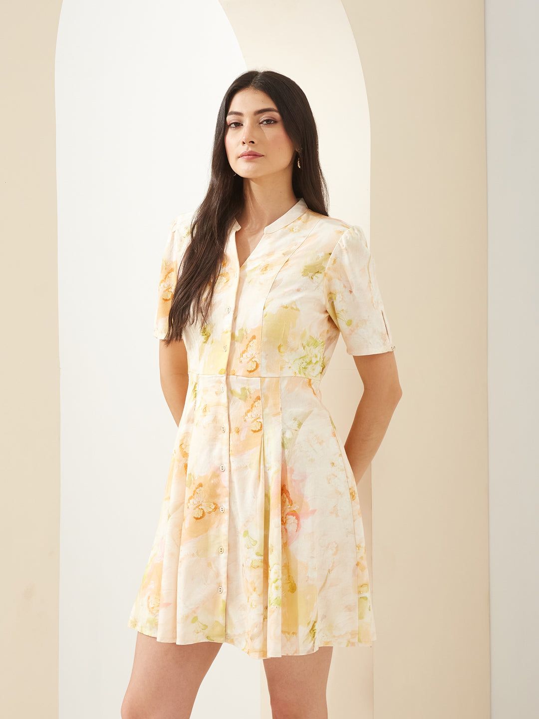 Latin Quarters Women Yellow Mandarin Short Sleeves A-Line Printed Casual Mini Dress