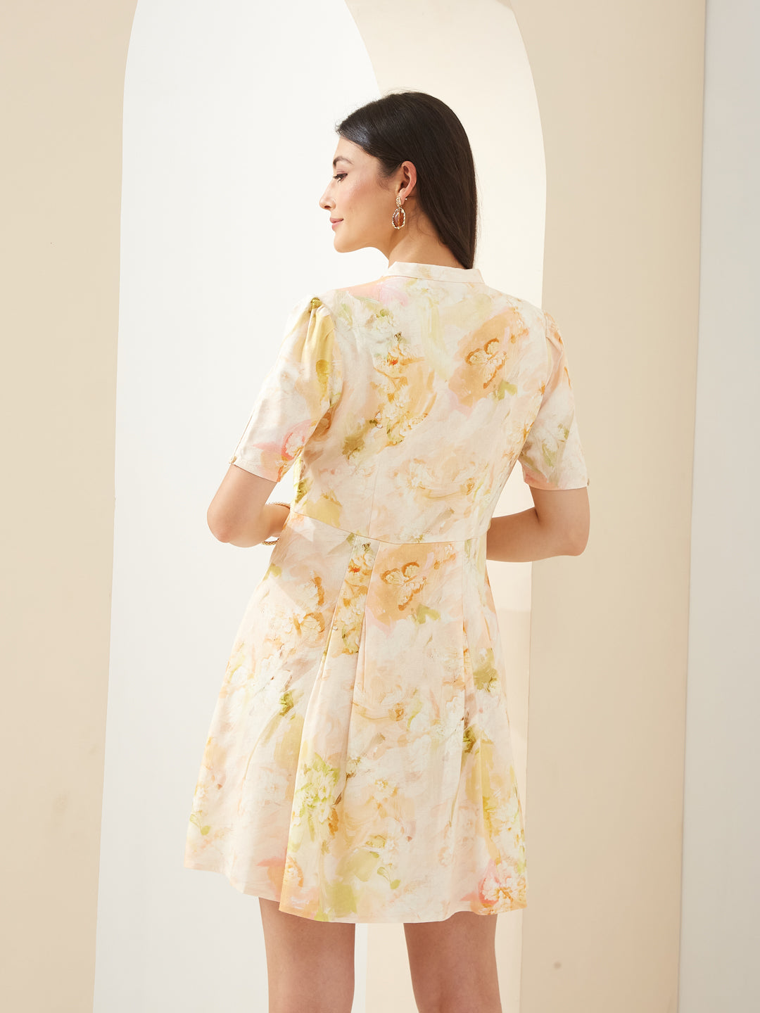 Latin Quarters Women Yellow Mandarin Short Sleeves A-Line Printed Casual Mini Dress