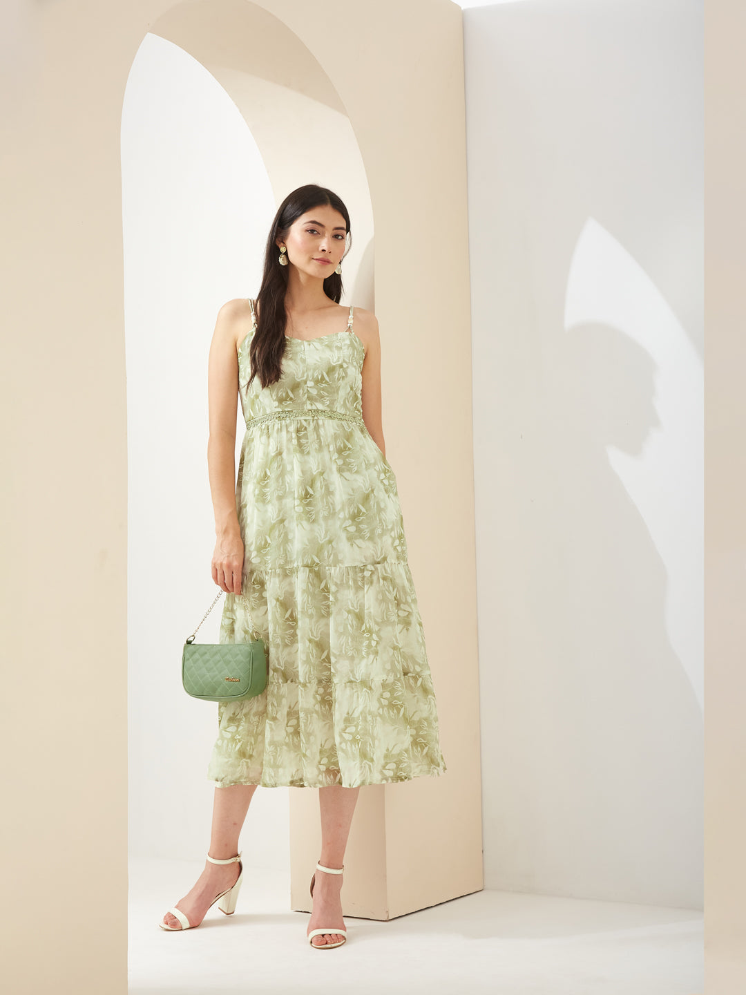 Latin Quarters Women Green Sweetheart Neck Sleeveless A-Line Printed Casual Dress