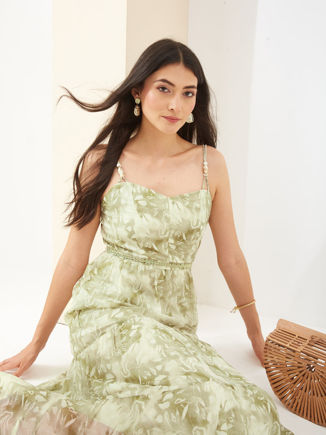 Latin Quarters Women Green Sweetheart Neck Sleeveless A-Line Printed Casual Dress