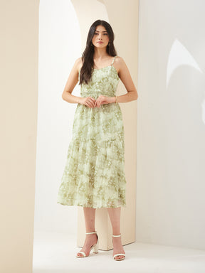 Latin Quarters Women Green Sweetheart Neck Sleeveless A-Line Printed Casual Dress