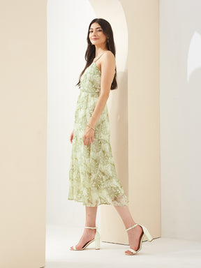 Latin Quarters Women Green Sweetheart Neck Sleeveless A-Line Printed Casual Dress