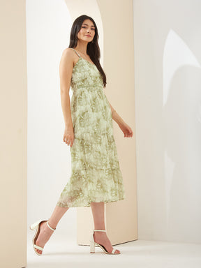 Latin Quarters Women Green Sweetheart Neck Sleeveless A-Line Printed Casual Dress