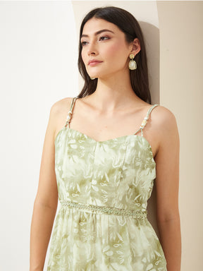 Latin Quarters Women Green Sweetheart Neck Sleeveless A-Line Printed Casual Dress