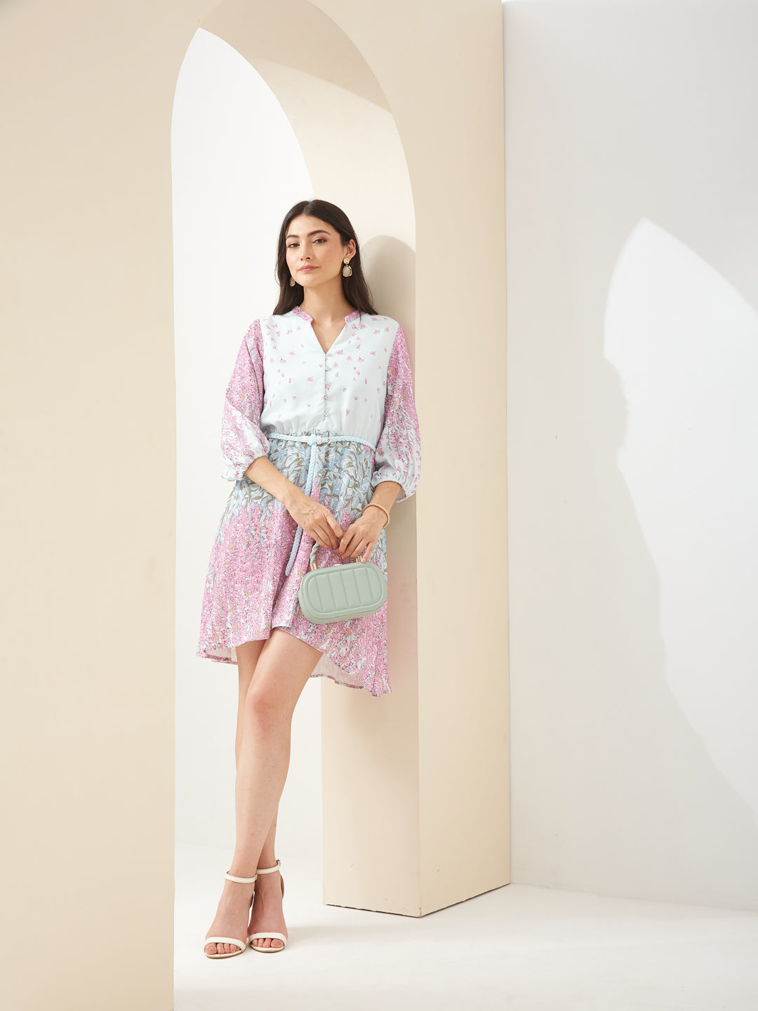 Latin Quarters Women Pink Mandarin Collared 3/4th Sleeves Fit & Flare Printed Casual Dress