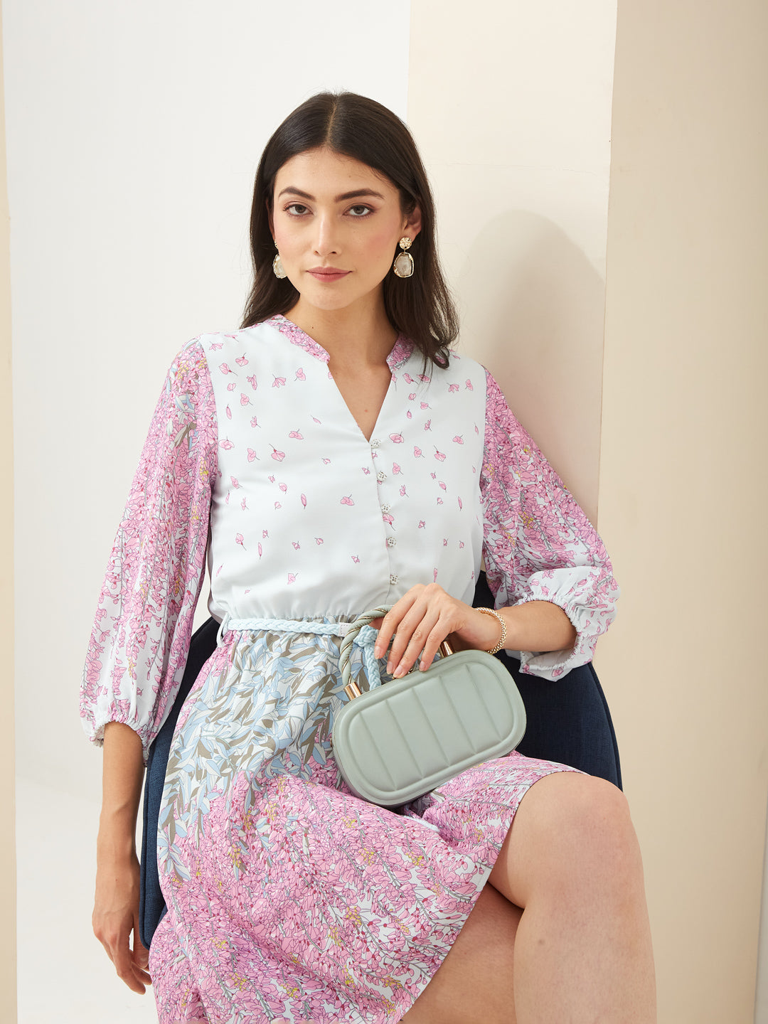 Latin Quarters Women Pink Mandarin Collared 3/4th Sleeves Fit & Flare Printed Casual Dress