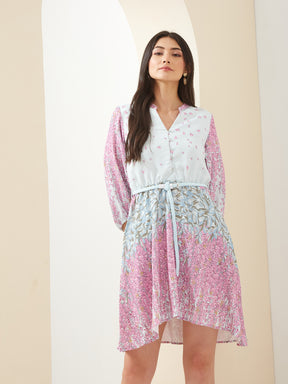 Latin Quarters Women Pink Mandarin Collared 3/4th Sleeves Fit & Flare Printed Casual Dress