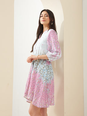 Latin Quarters Women Pink Mandarin Collared 3/4th Sleeves Fit & Flare Printed Casual Dress