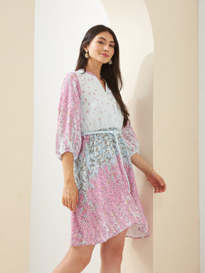 Latin Quarters Women Pink Mandarin Collared 3/4th Sleeves Fit & Flare Printed Casual Dress