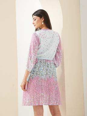 Latin Quarters Women Pink Mandarin Collared 3/4th Sleeves Fit & Flare Printed Casual Dress