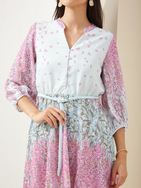 Latin Quarters Women Pink Mandarin Collared 3/4th Sleeves Fit & Flare Printed Casual Dress