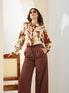 Latin Quarters Women Rust Collared Full Sleeves Printed Casual Shirt