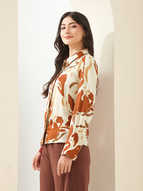 Latin Quarters Women Rust Collared Full Sleeves Printed Casual Shirt