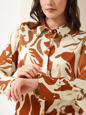 Latin Quarters Women Rust Collared Full Sleeves Printed Casual Shirt