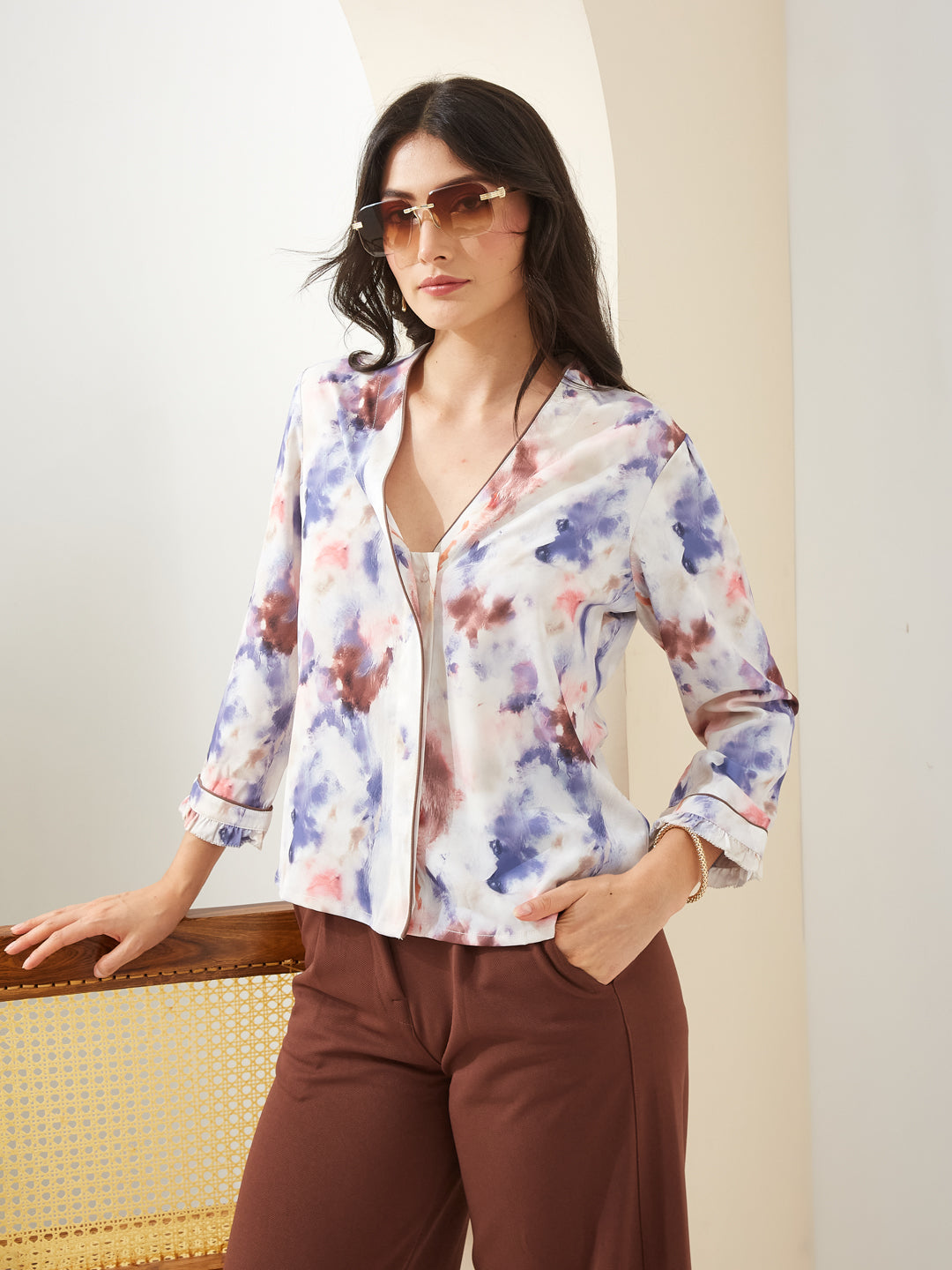 Latin Quarters Women Brown V- Neck 3/4th Sleeves Tie-Dye Casual Top