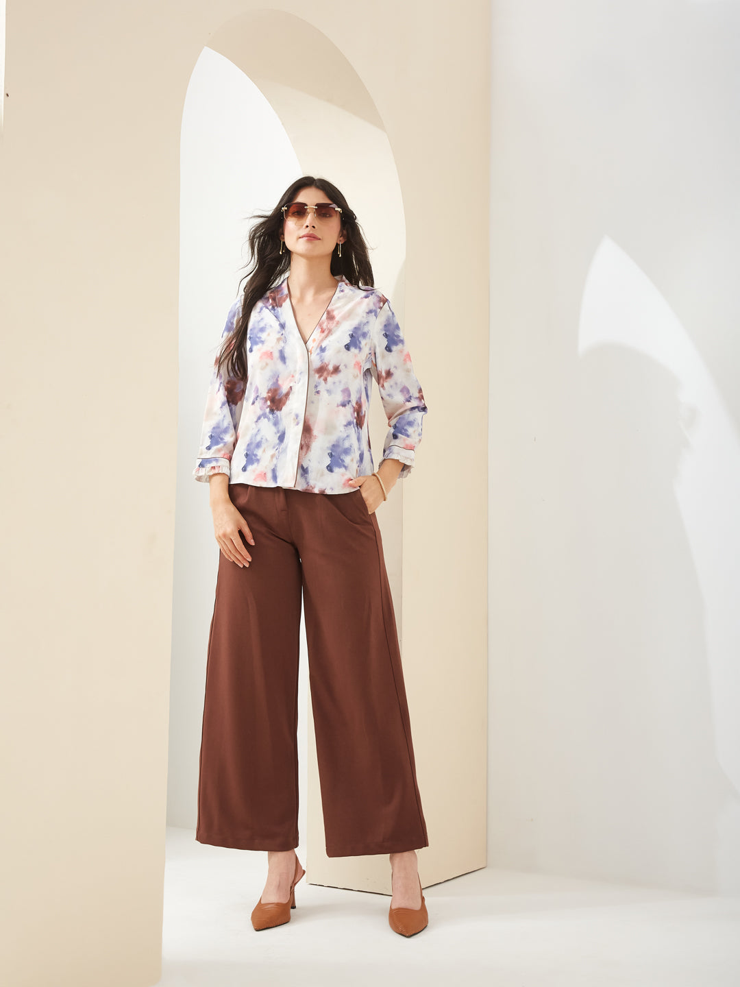 Latin Quarters Women Brown V- Neck 3/4th Sleeves Tie-Dye Casual Top