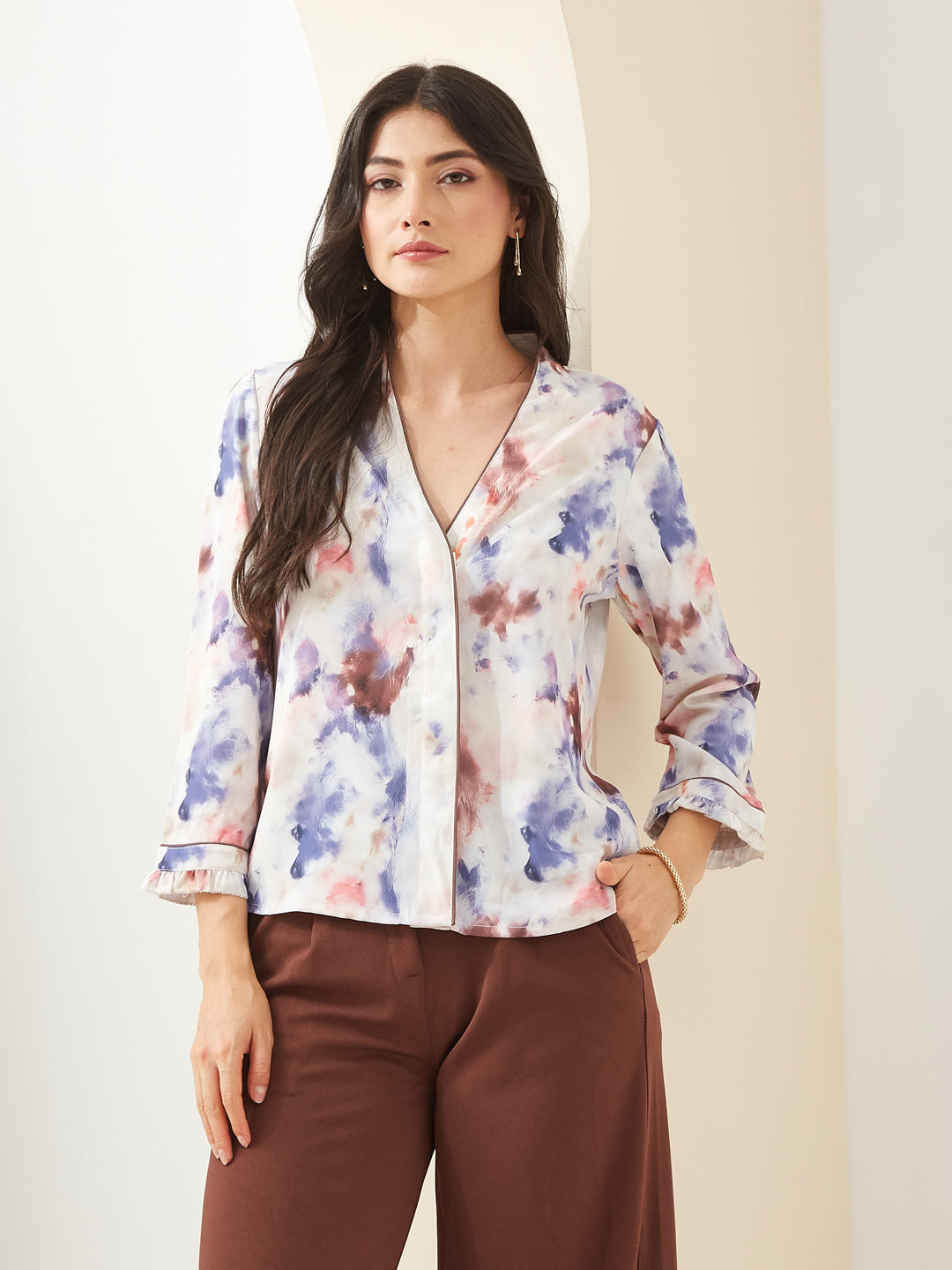 Latin Quarters Women Brown V- Neck 3/4th Sleeves Tie-Dye Casual Top