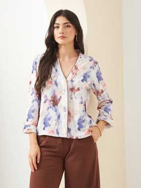 Latin Quarters Women Brown V- Neck 3/4th Sleeves Tie-Dye Casual Top