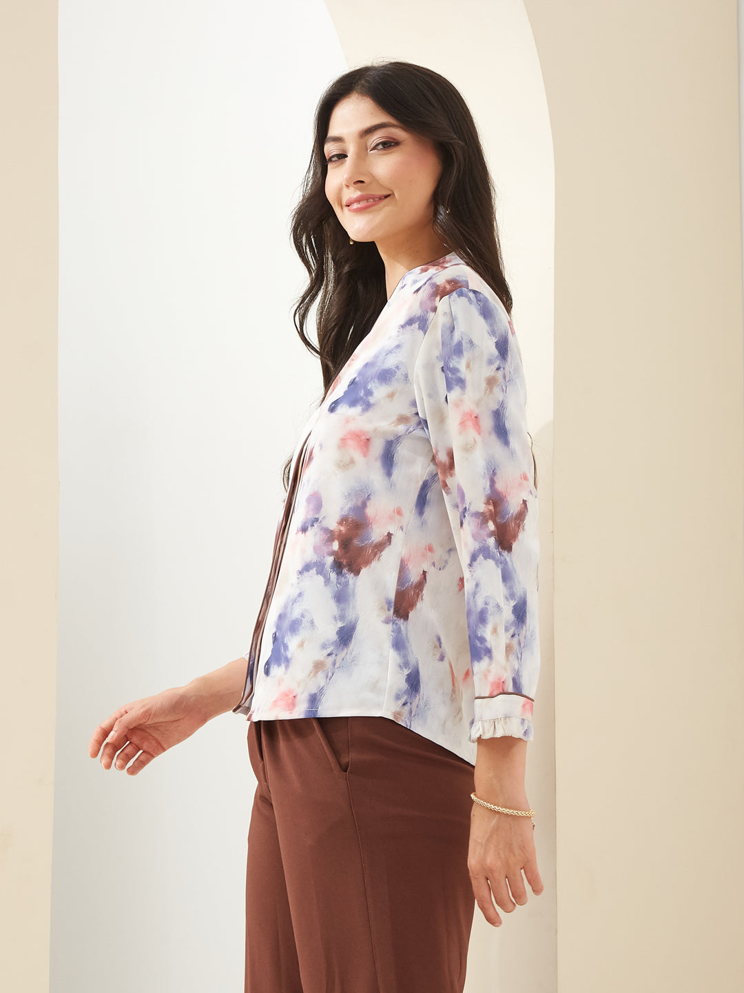 Latin Quarters Women Brown V- Neck 3/4th Sleeves Tie-Dye Casual Top