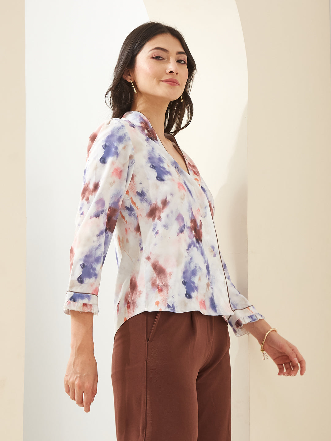 Latin Quarters Women Brown V- Neck 3/4th Sleeves Tie-Dye Casual Top
