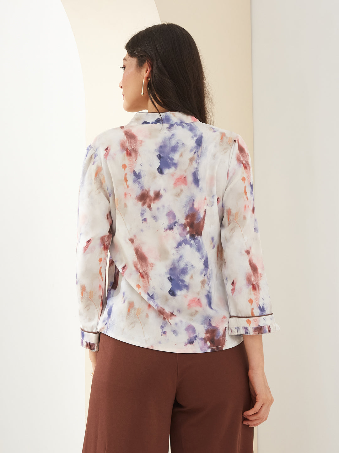Latin Quarters Women Brown V- Neck 3/4th Sleeves Tie-Dye Casual Top