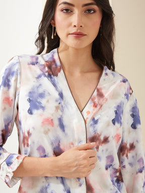 Latin Quarters Women Brown V- Neck 3/4th Sleeves Tie-Dye Casual Top