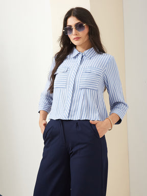 Latin Quarters Women Blue Collared 3/4Th Sleeves Striped Casual Shirt