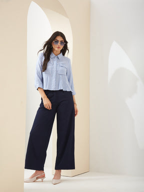 Latin Quarters Women Blue Collared 3/4Th Sleeves Striped Casual Shirt