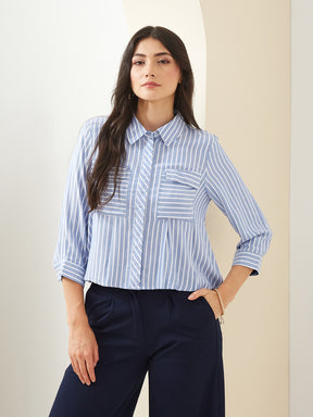 Latin Quarters Women Blue Collared 3/4Th Sleeves Striped Casual Shirt