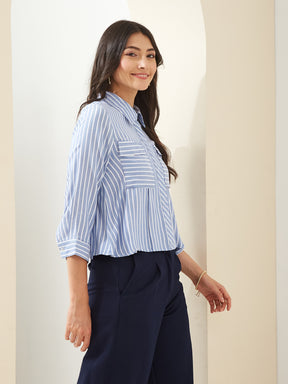 Latin Quarters Women Blue Collared 3/4Th Sleeves Striped Casual Shirt