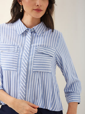 Latin Quarters Women Blue Collared 3/4Th Sleeves Striped Casual Shirt
