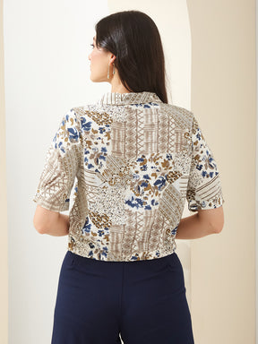 Latin Quarters Women White Collared Short Sleeves Printed Casual Shirt