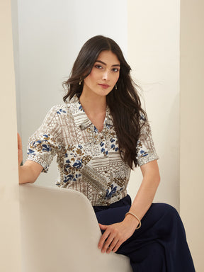 Latin Quarters Women White Collared Short Sleeves Printed Casual Shirt