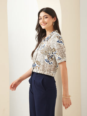 Latin Quarters Women White Collared Short Sleeves Printed Casual Shirt