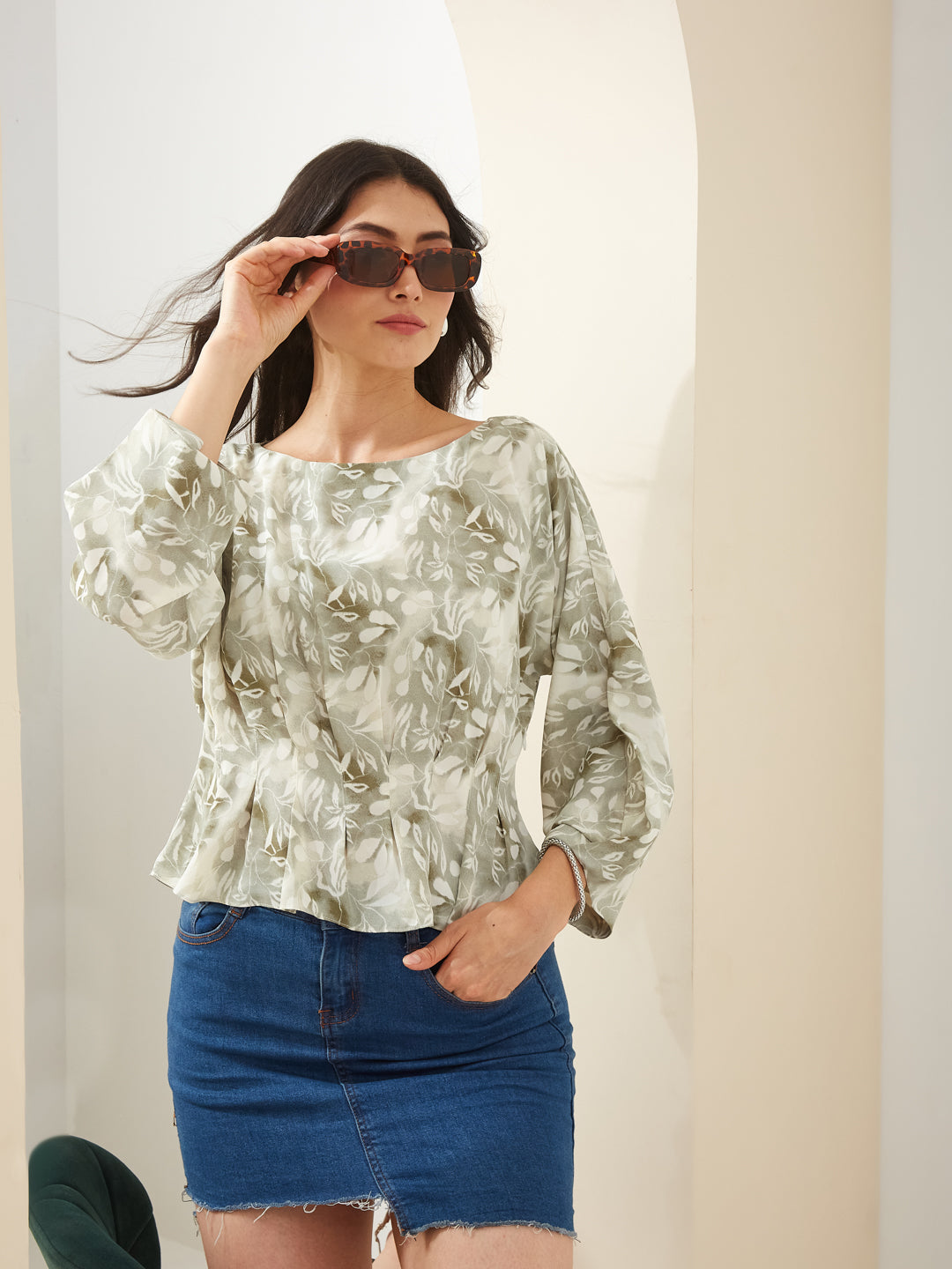 Latin Quarters Women Green Boat Neck 3/4Th Sleeves Printed Casual Top