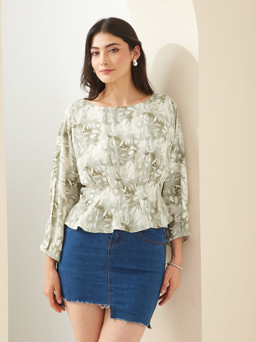 Latin Quarters Women Green Boat Neck 3/4Th Sleeves Printed Casual Top