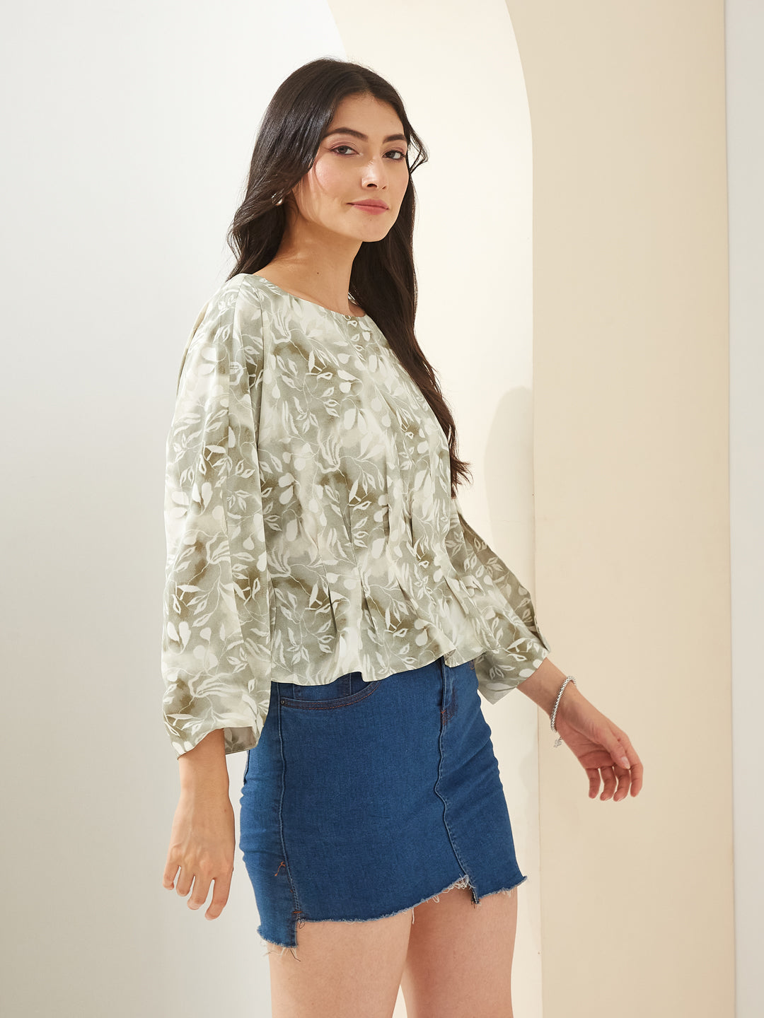 Latin Quarters Women Green Boat Neck 3/4Th Sleeves Printed Casual Top