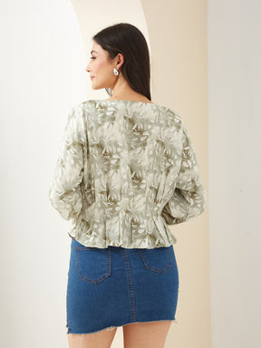 Latin Quarters Women Green Boat Neck 3/4Th Sleeves Printed Casual Top