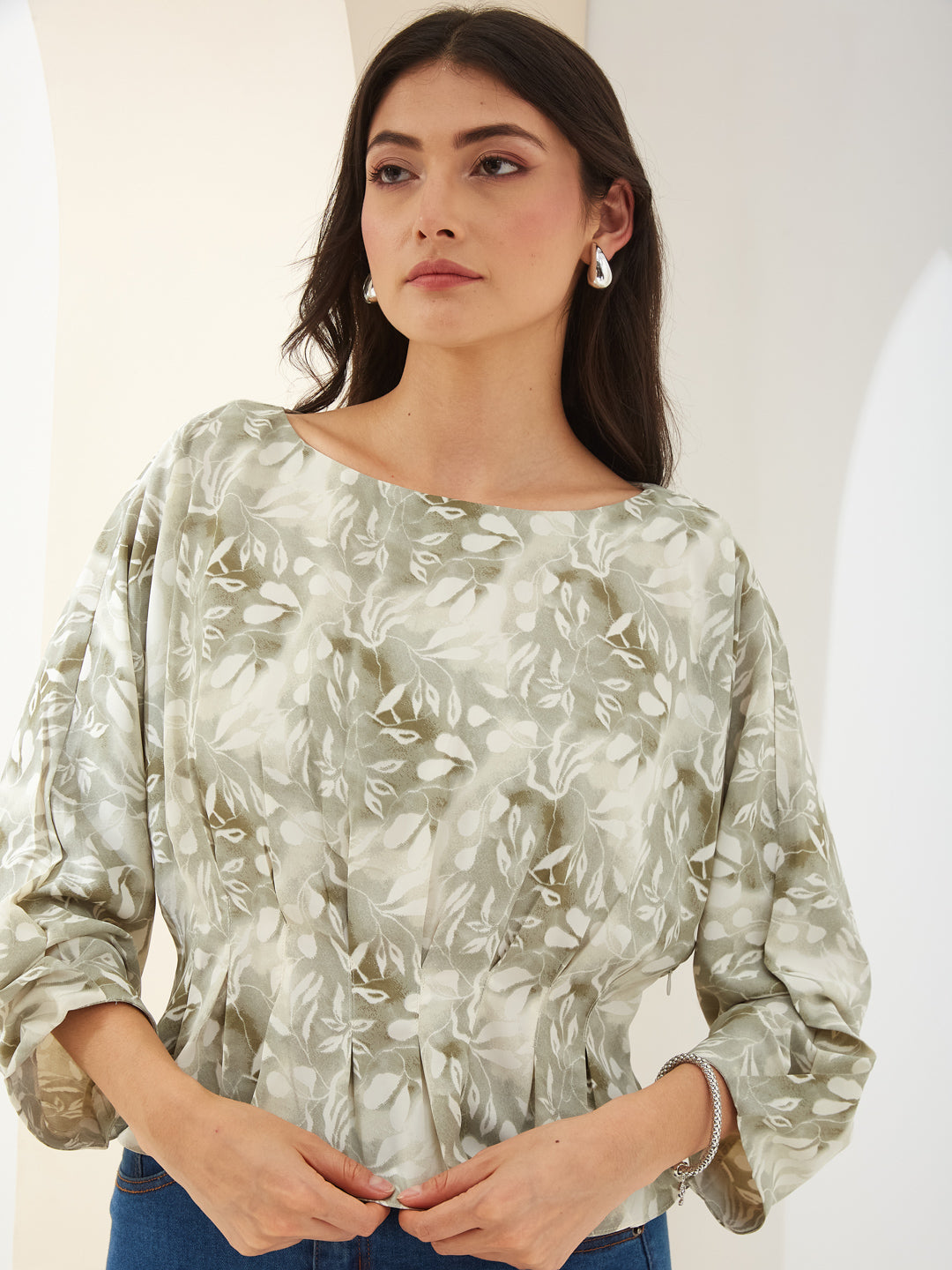 Latin Quarters Women Green Boat Neck 3/4Th Sleeves Printed Casual Top