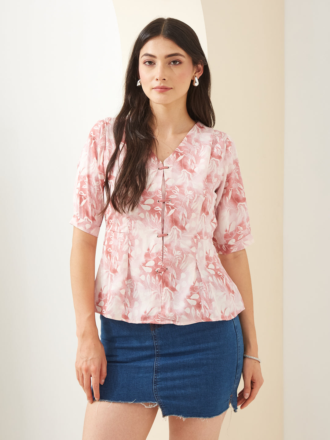 Latin Quarters Women Pink V- Neck Half Sleeves Printed Casual Peplum Top