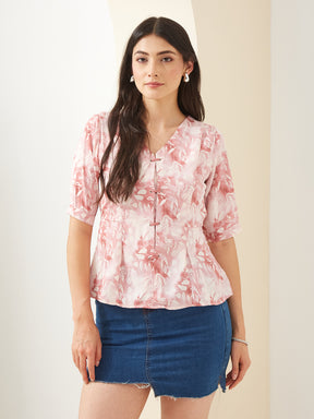 Latin Quarters Women Pink V- Neck Half Sleeves Printed Casual Peplum Top